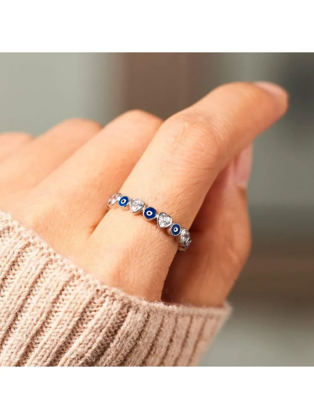 925 Sterling Silver Evil Eye Ring, Enamel Nazar & Heart Bands, Blue Jewelry Gift